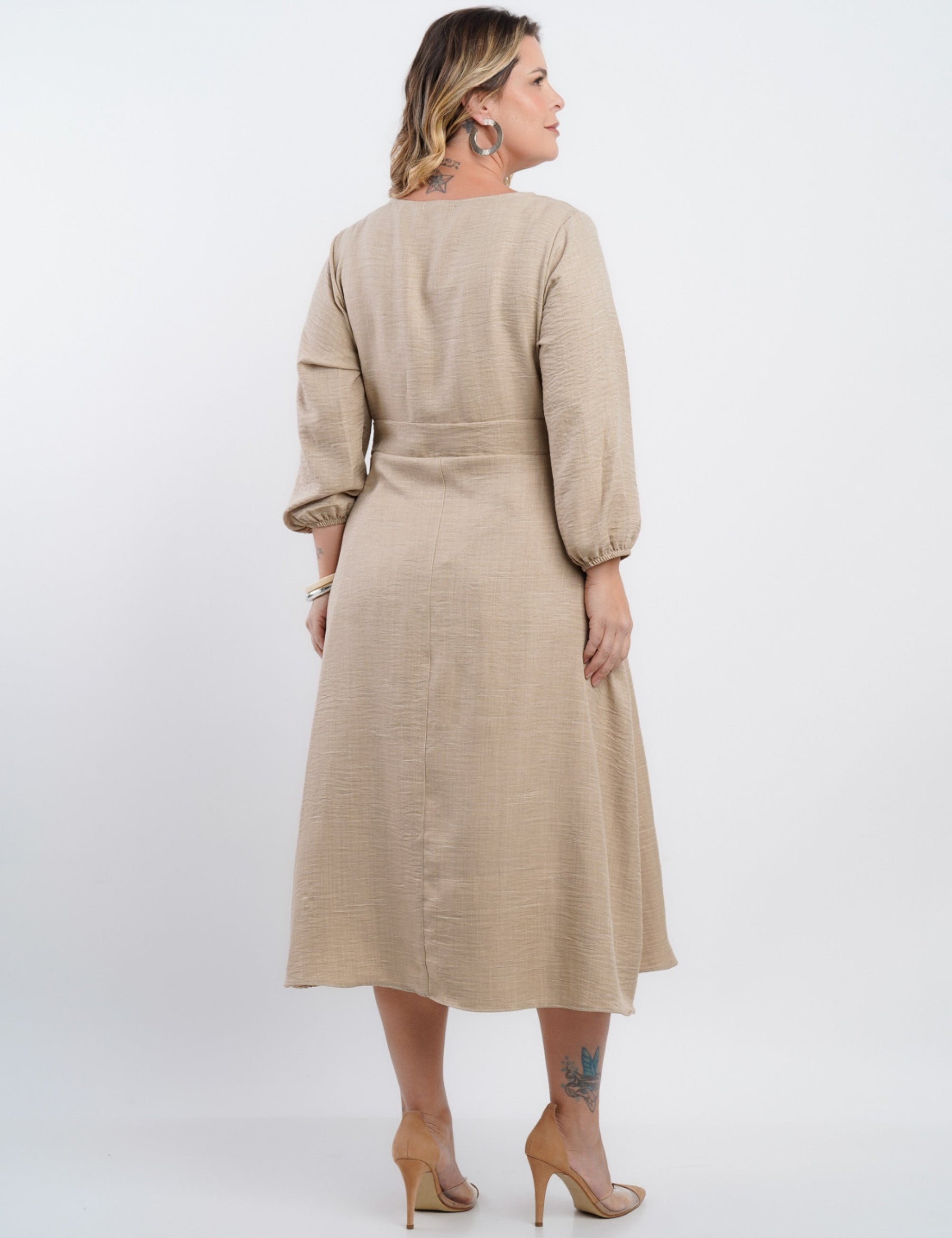 Vestido Midi Linho Poliéster Com Cintura Argola
